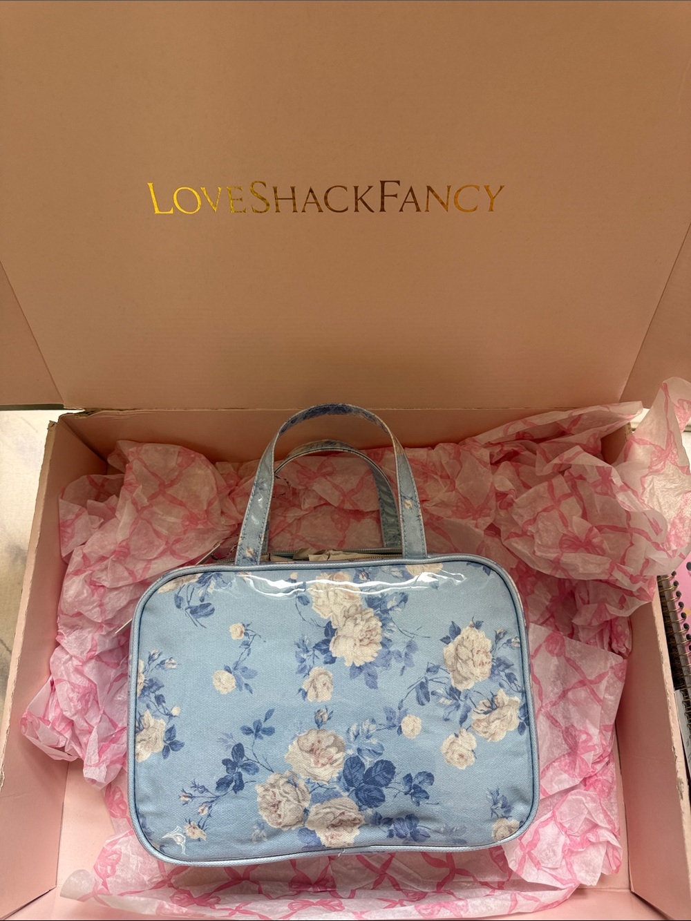 LoveShackFancy Light Blue Floral Cosmetic Tote